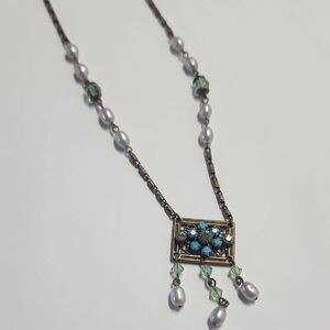 Liz Palacis Pearl And Green Crystal Necklace